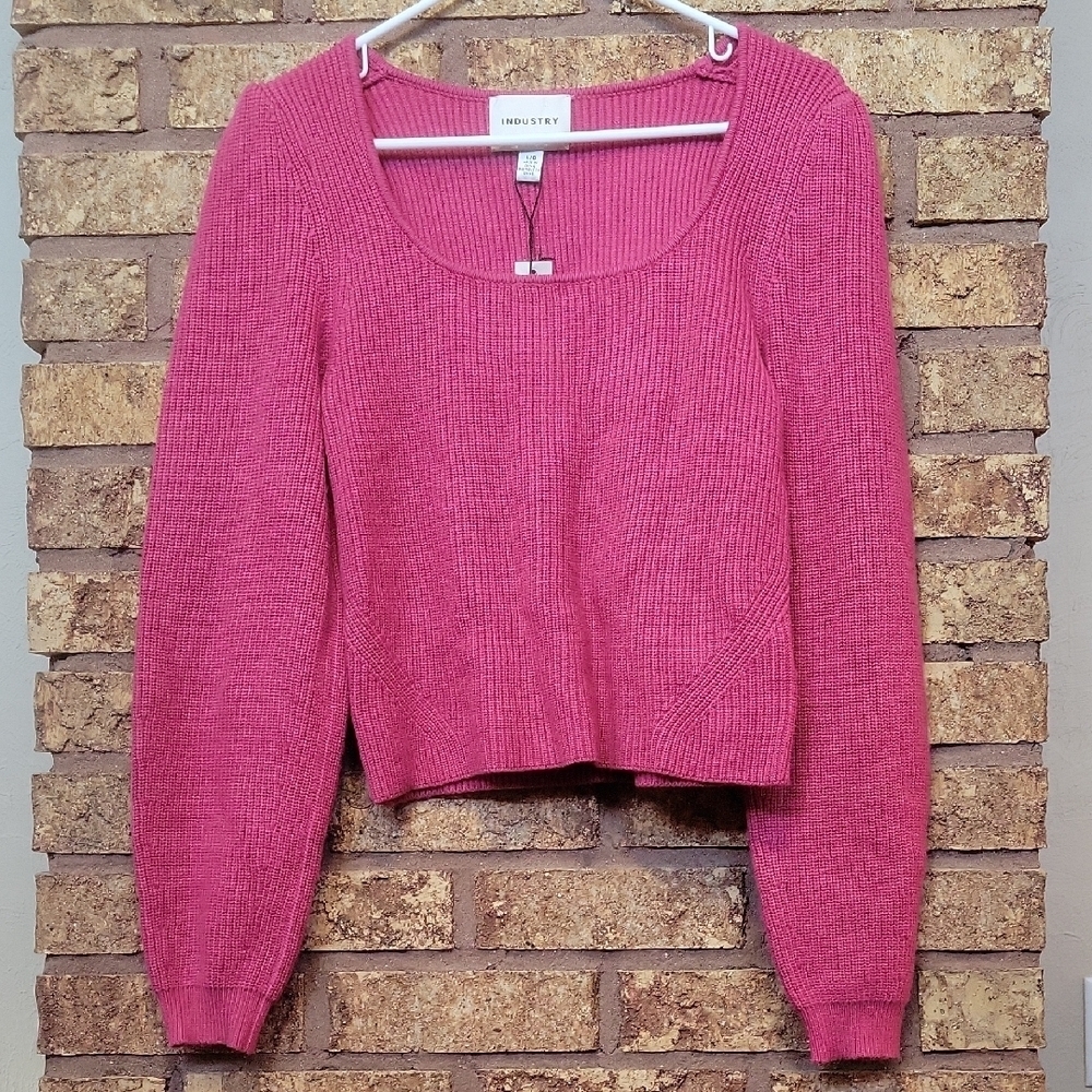 Industry Pink Cropped Square Neck Cropped Knit Sweater Large Cozy Casual
